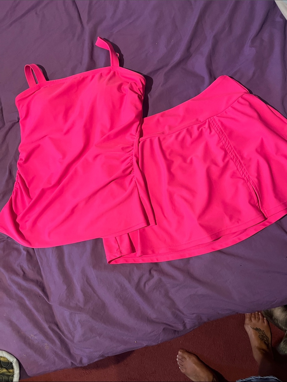 Bright Hot Pink Tankini Top and Skort Swim Set